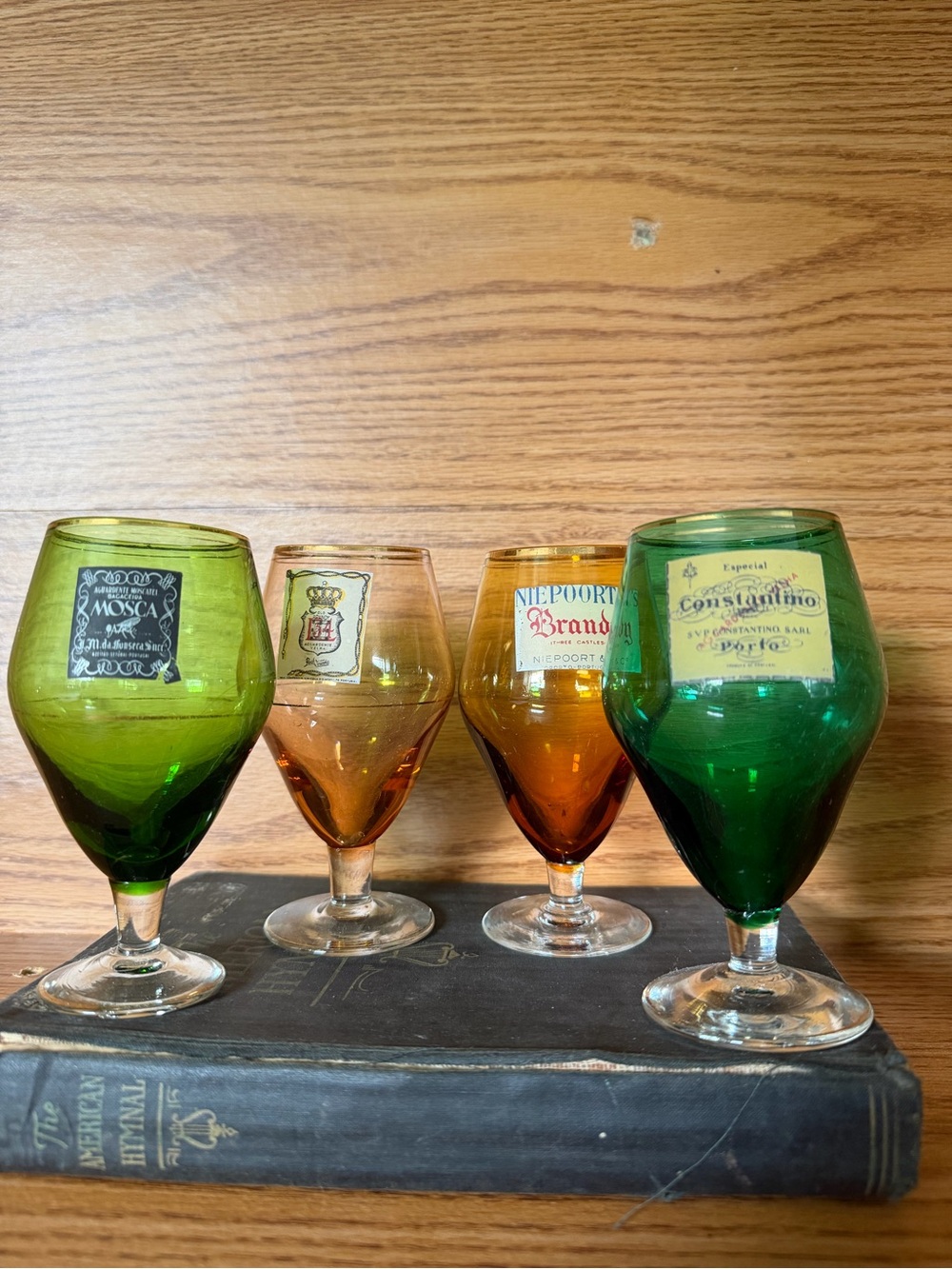 Source Unknown Green and Amber Vintage Brandy/Port Wine Glasses (Set of 4)